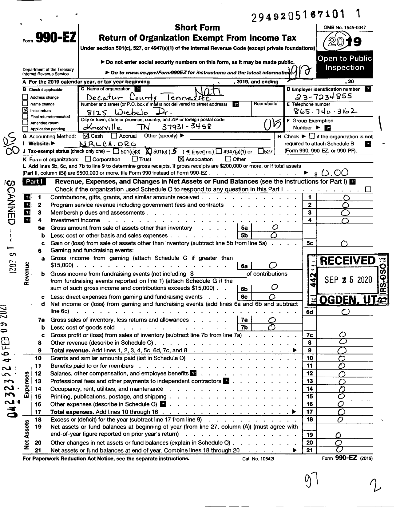 Image of first page of 2019 Form 990EO for National Rural Letter Carriers Association - Decatur County Tennessee