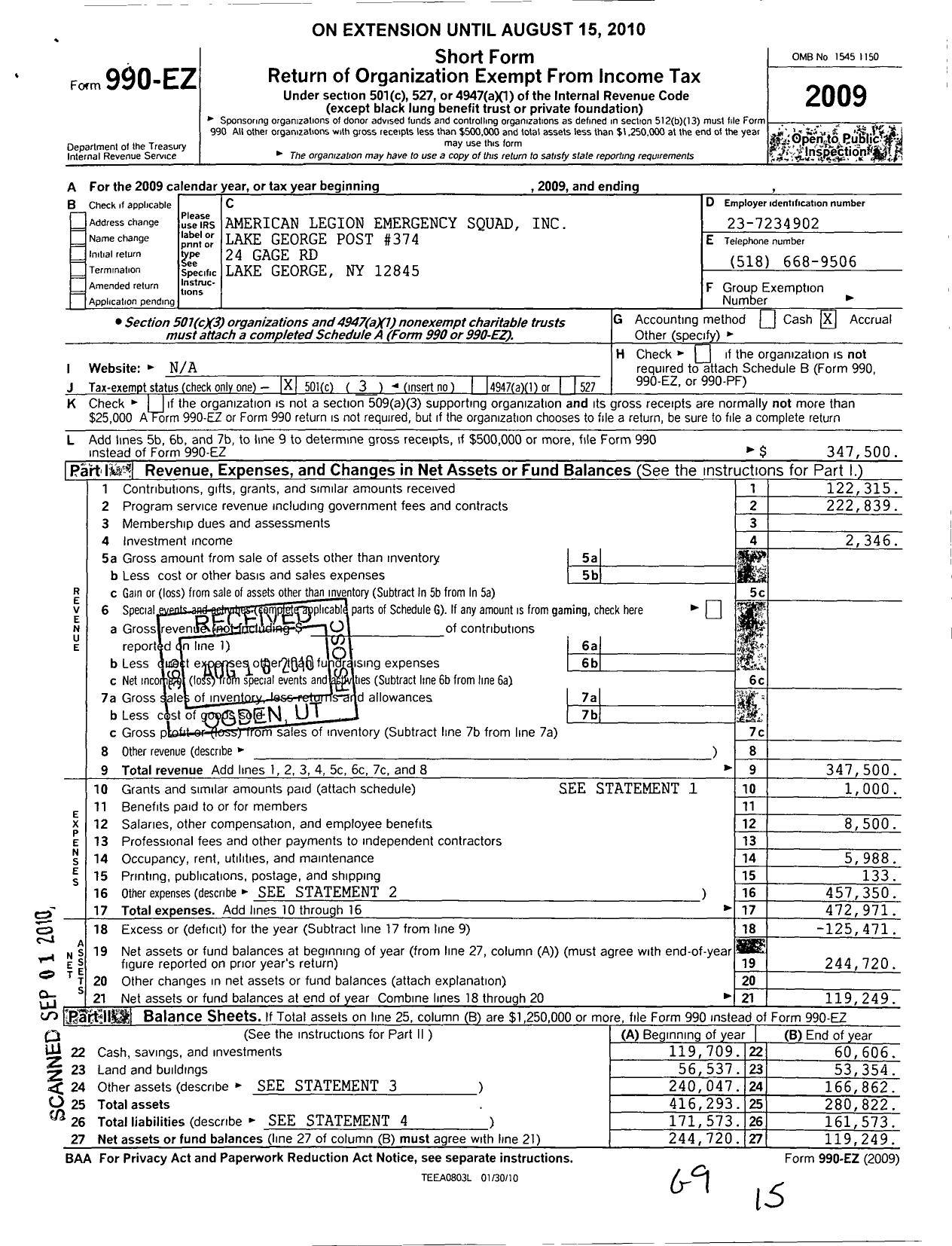 Image of first page of 2009 Form 990EZ for American Legion Auxiliary - 374 Lake George