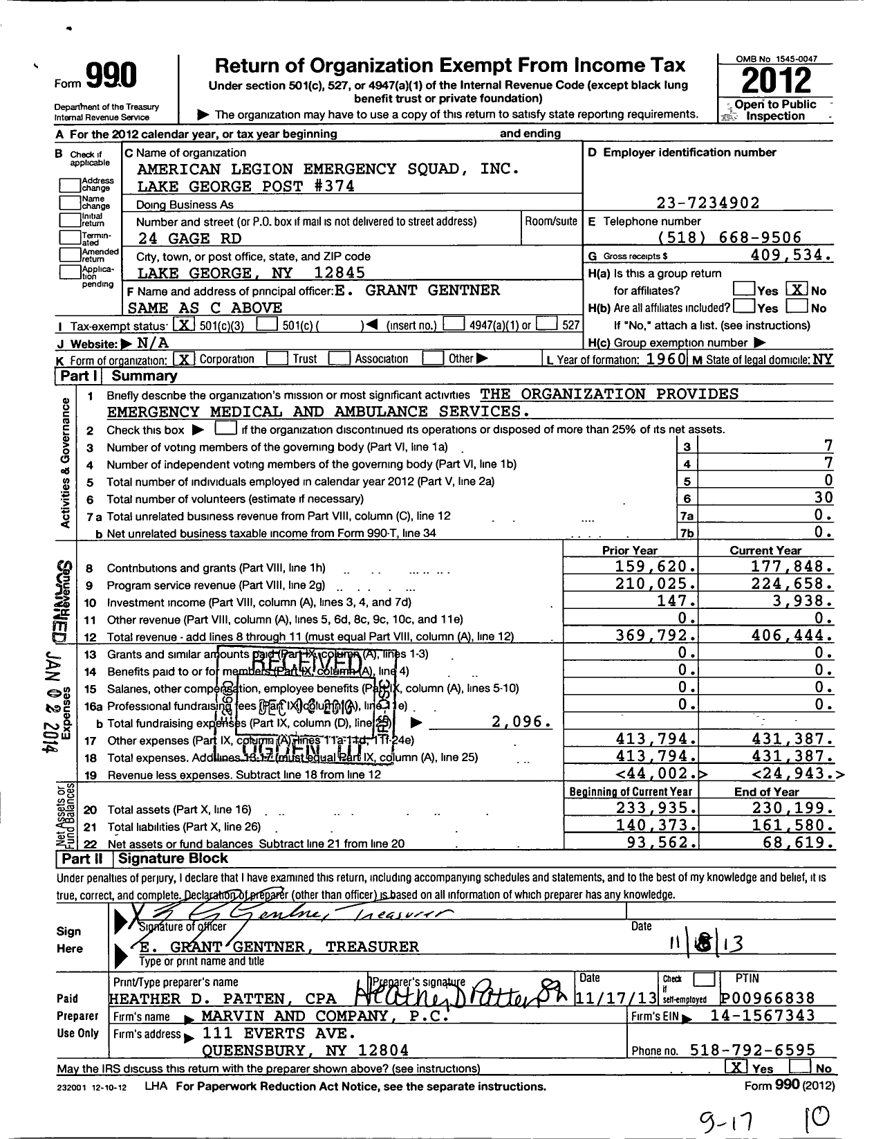 Image of first page of 2012 Form 990 for American Legion Auxiliary - 374 Lake George