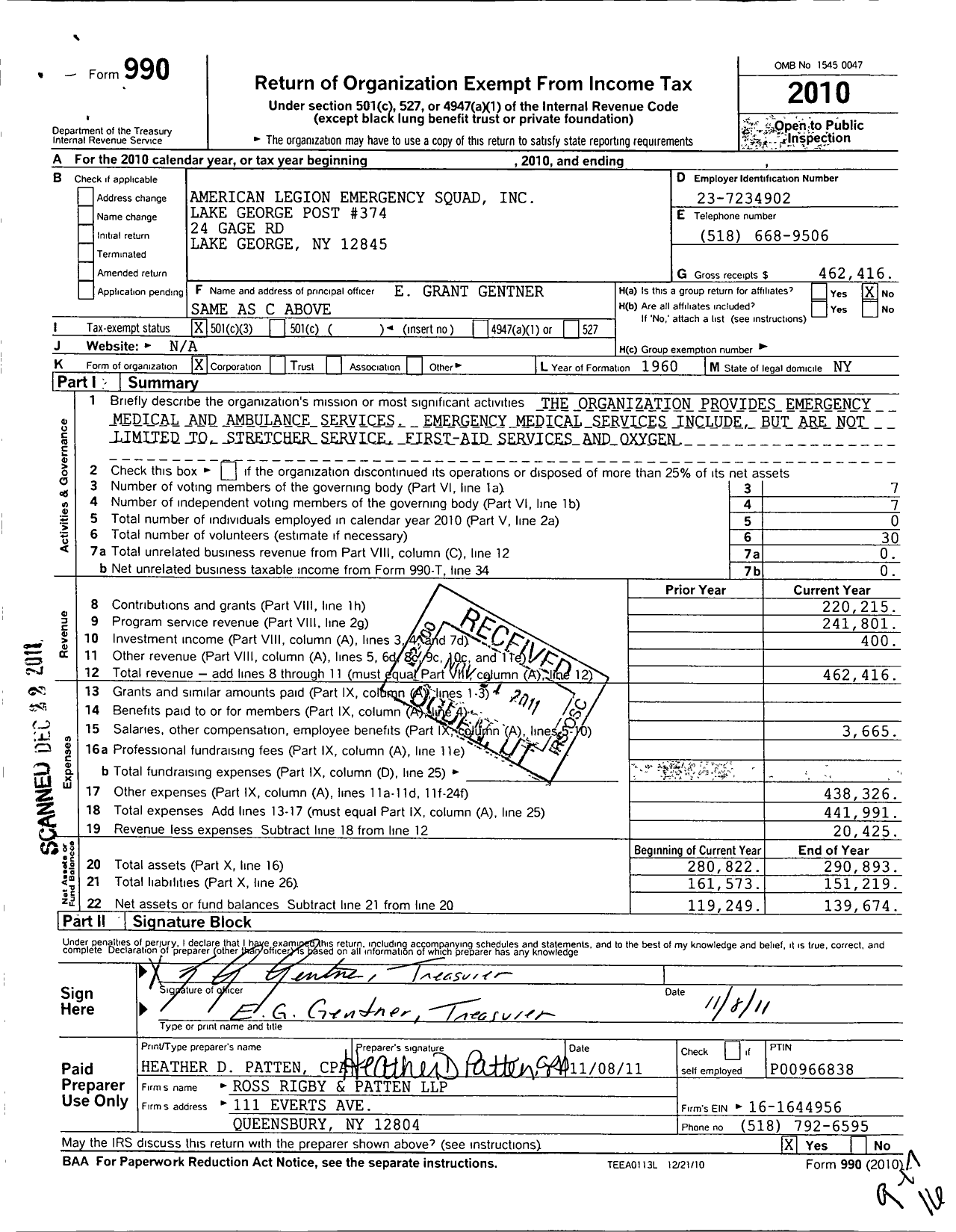 Image of first page of 2010 Form 990 for American Legion Auxiliary - 374 Lake George