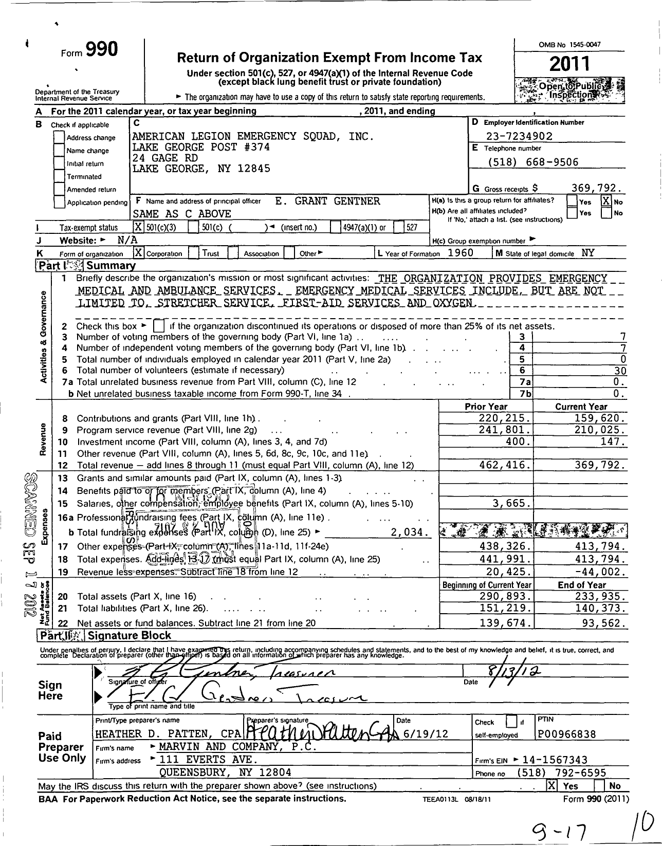 Image of first page of 2011 Form 990 for American Legion Auxiliary - 374 Lake George