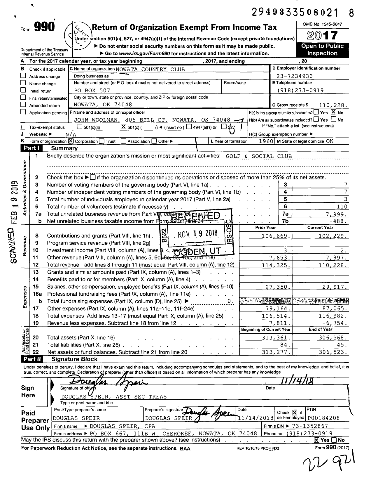 Image of first page of 2017 Form 990O for Nowata Country Club