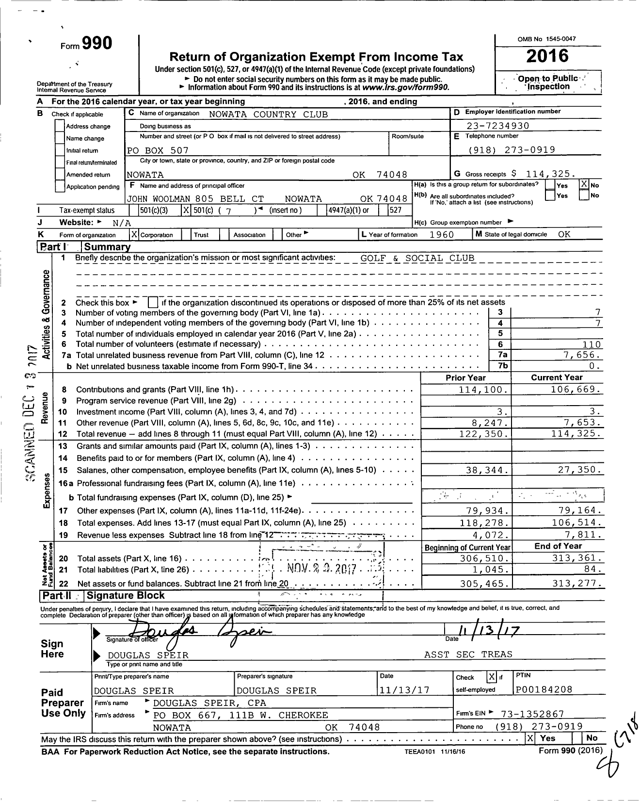 Image of first page of 2016 Form 990O for Nowata Country Club