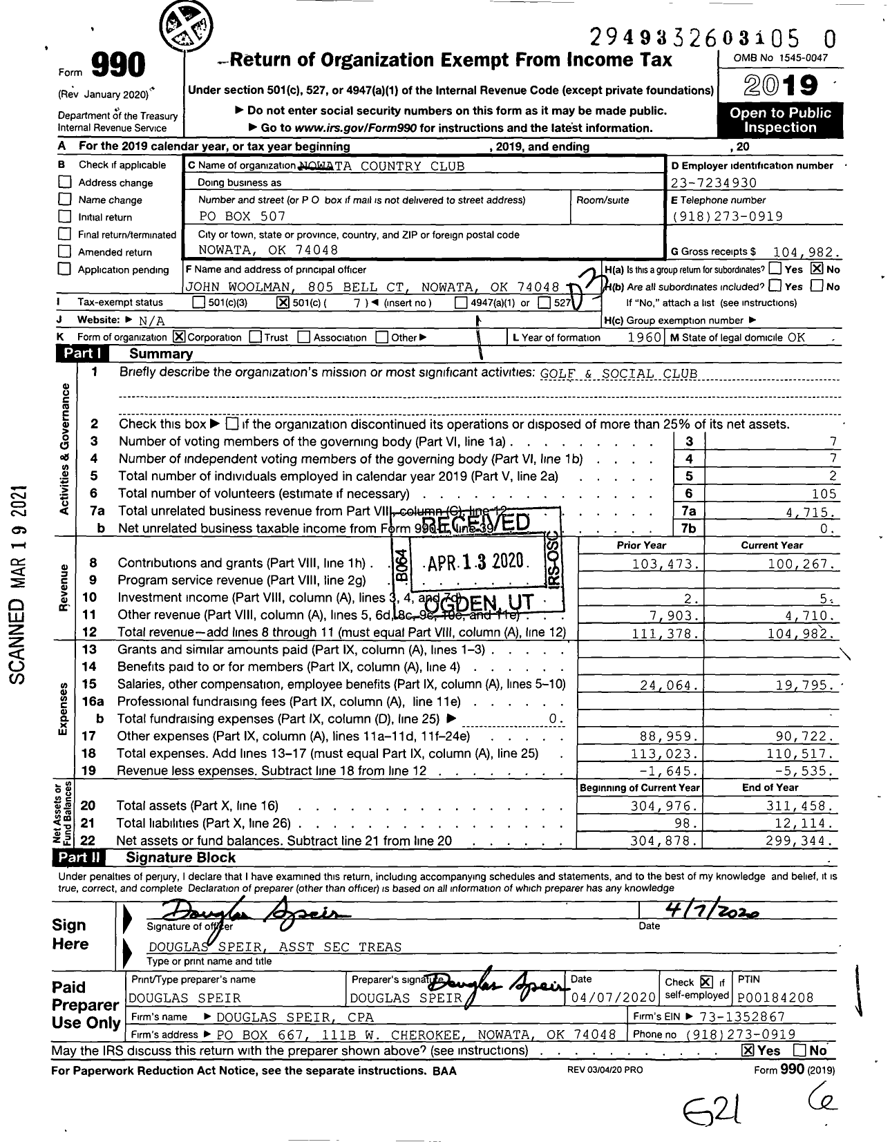 Image of first page of 2019 Form 990 for Nowata Country Club