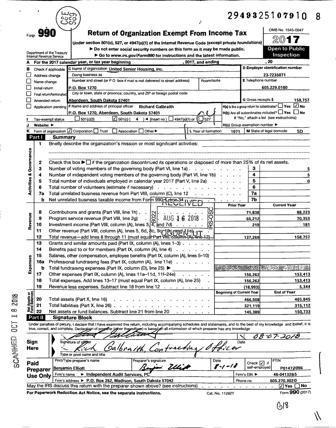 Image of first page of 2017 Form 990O for United Senior Housing