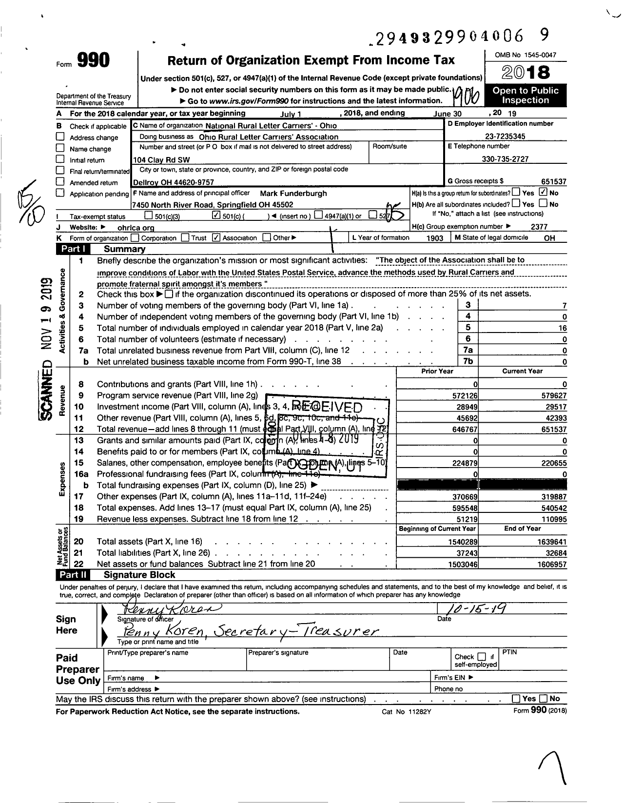 Image of first page of 2018 Form 990O for National Rural Letter Carriers Association - Ohio Rural Letter Carriers - Ohio