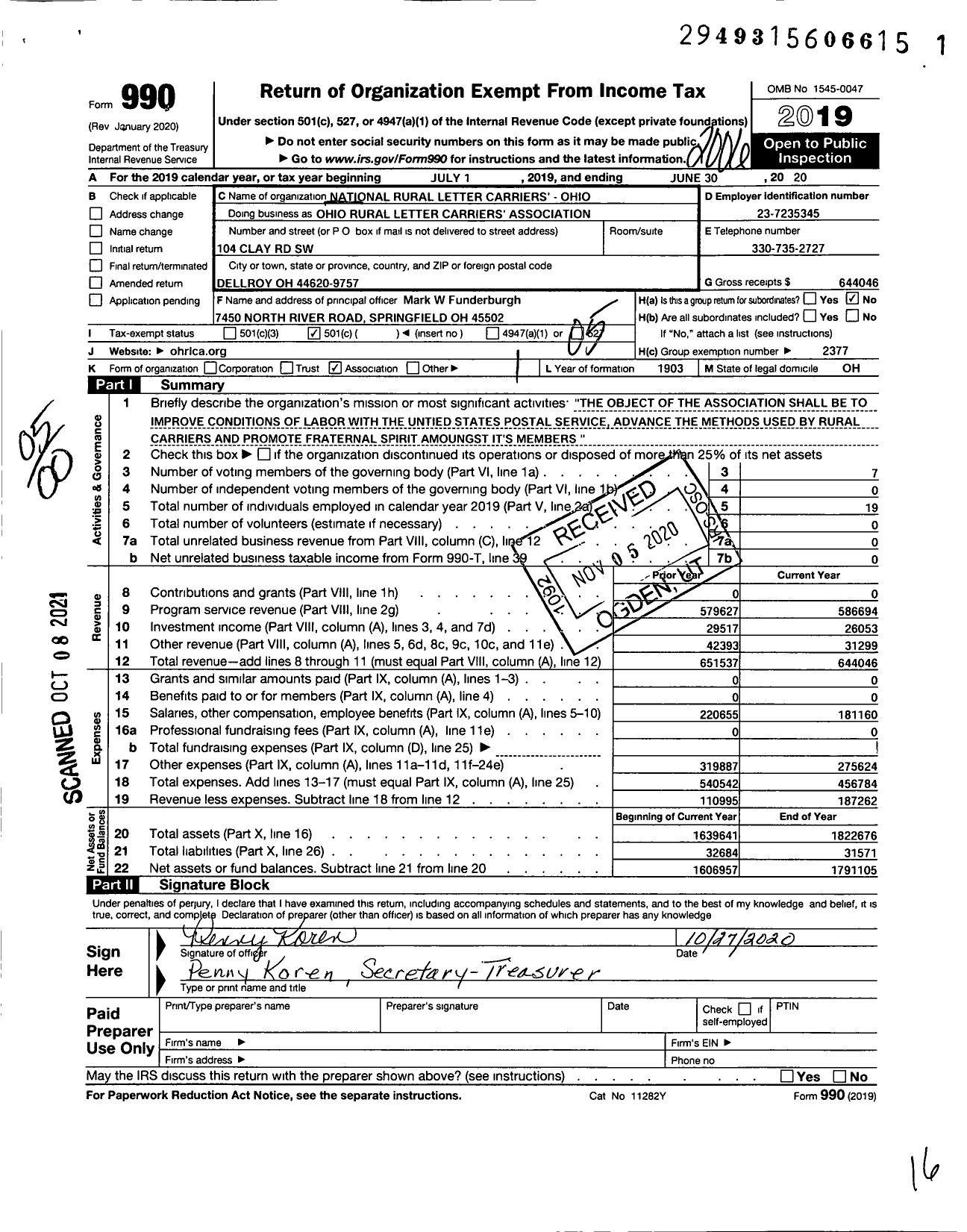 Image of first page of 2019 Form 990O for National Rural Letter Carriers Association - Ohio Rural Letter Carriers - Ohio