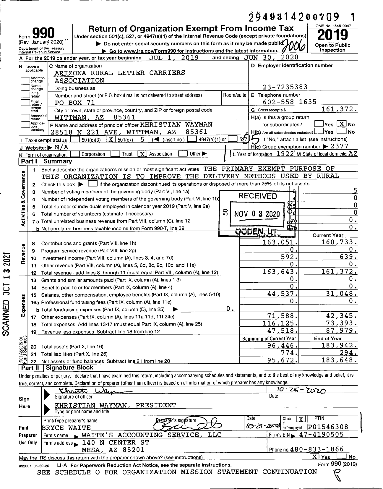 Image of first page of 2019 Form 990O for National Rural Letter Carriers Association - Arizona Rural Letter Carriers