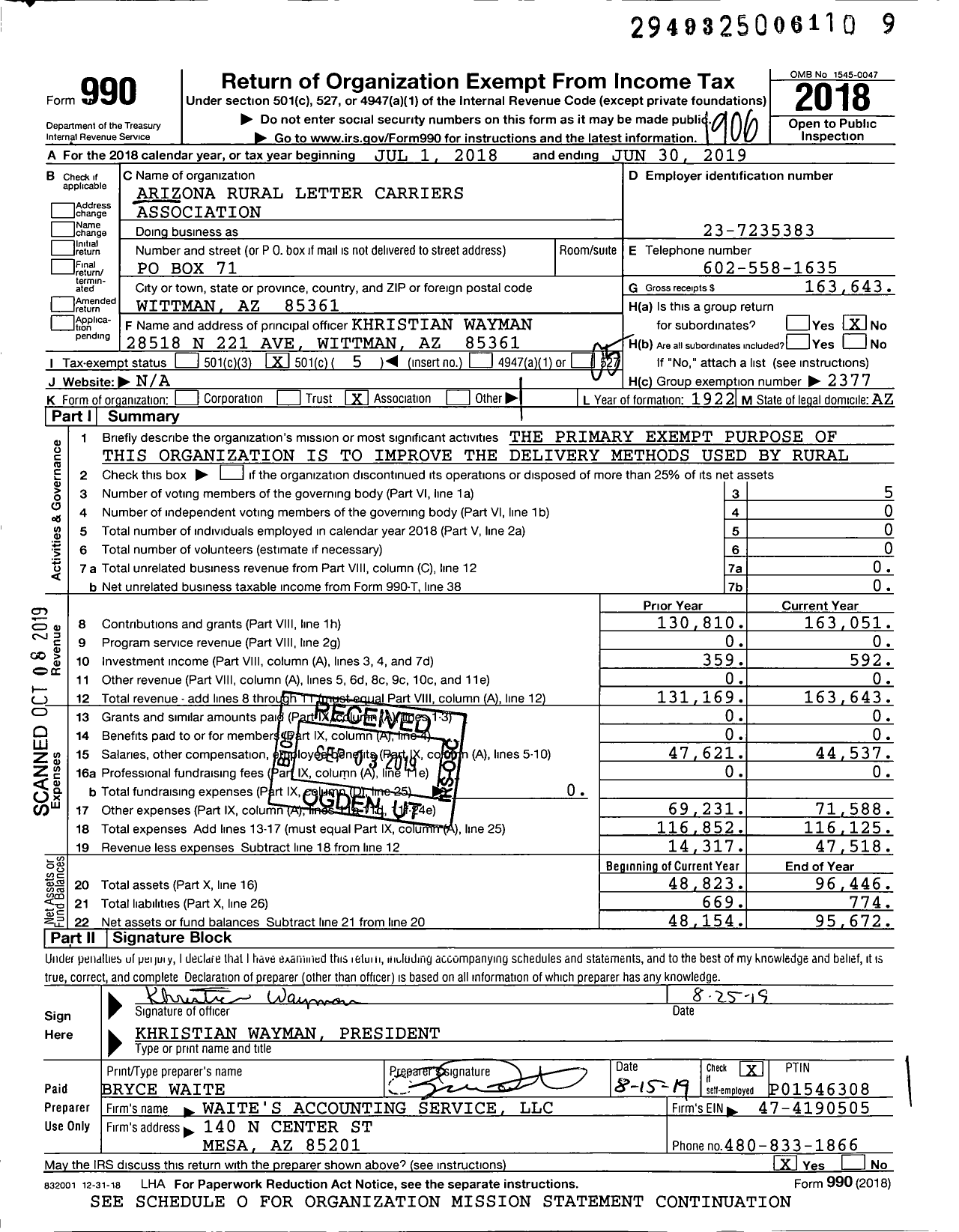 Image of first page of 2018 Form 990O for National Rural Letter Carriers Association - Arizona Rural Letter Carriers