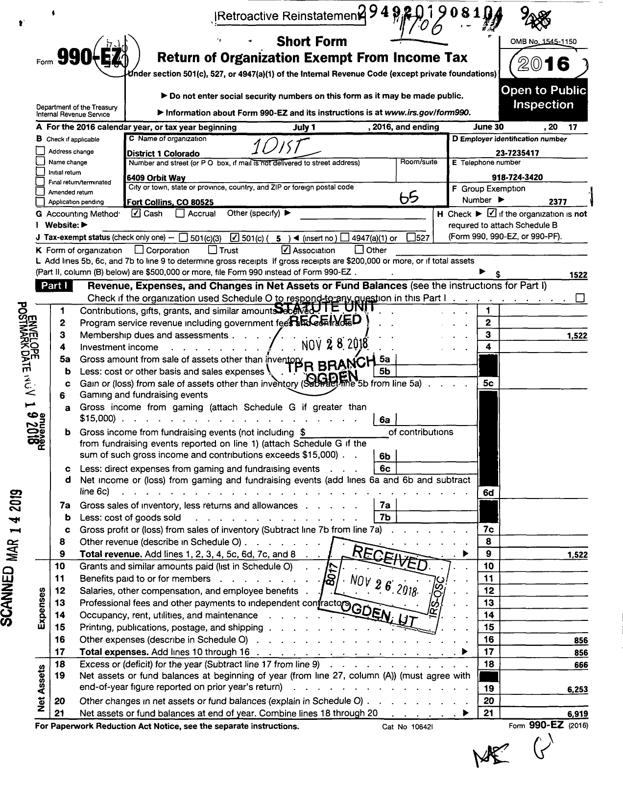 Image of first page of 2016 Form 990EO for National Rural Letter Carriers Association Colorado District 1