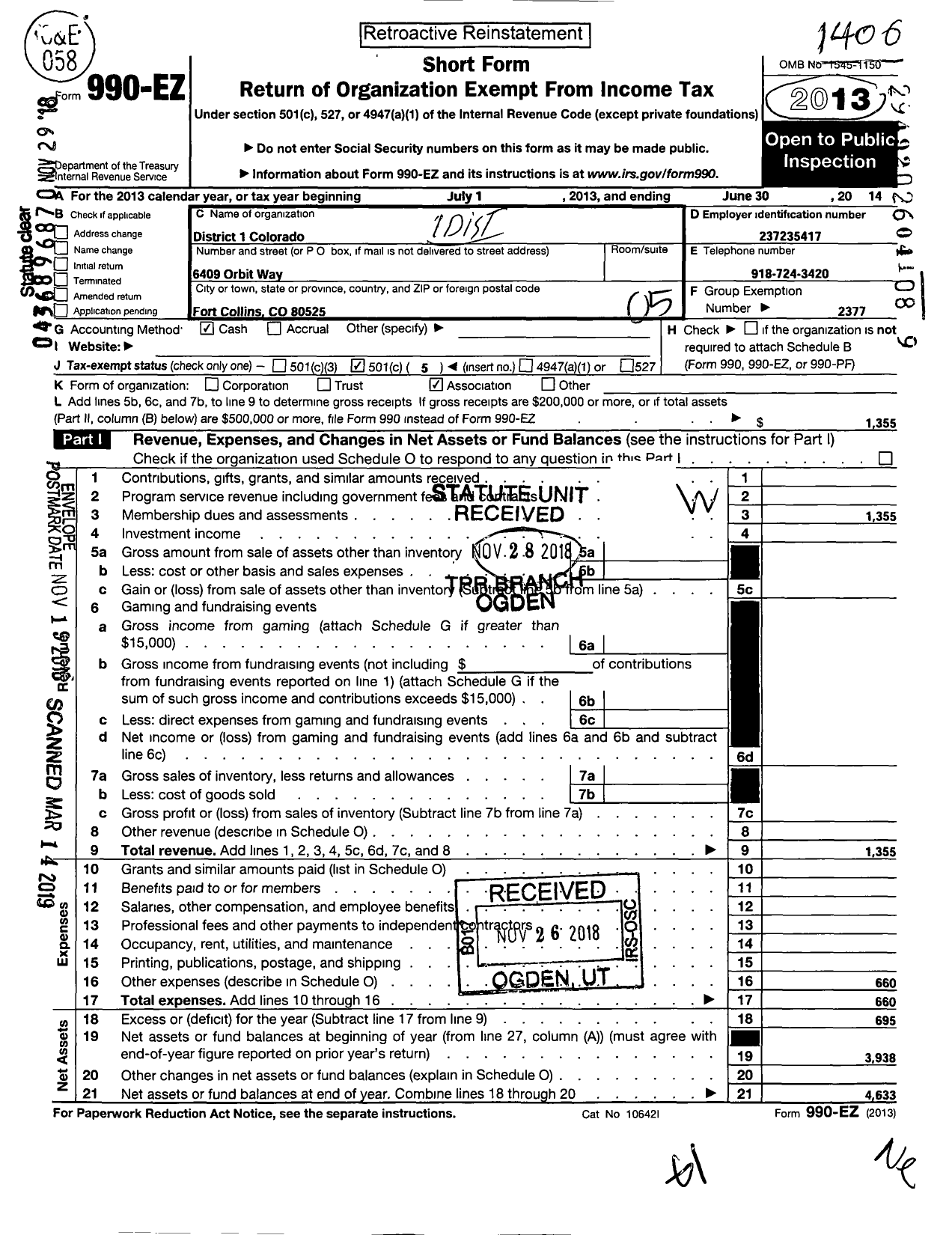 Image of first page of 2013 Form 990EO for National Rural Letter Carriers Association Colorado District 1