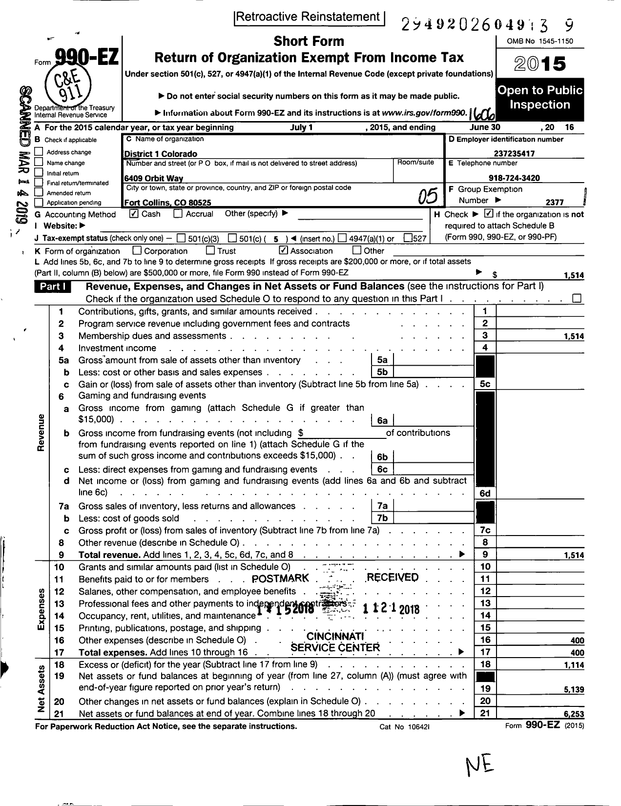 Image of first page of 2015 Form 990EO for National Rural Letter Carriers Association Colorado District 1