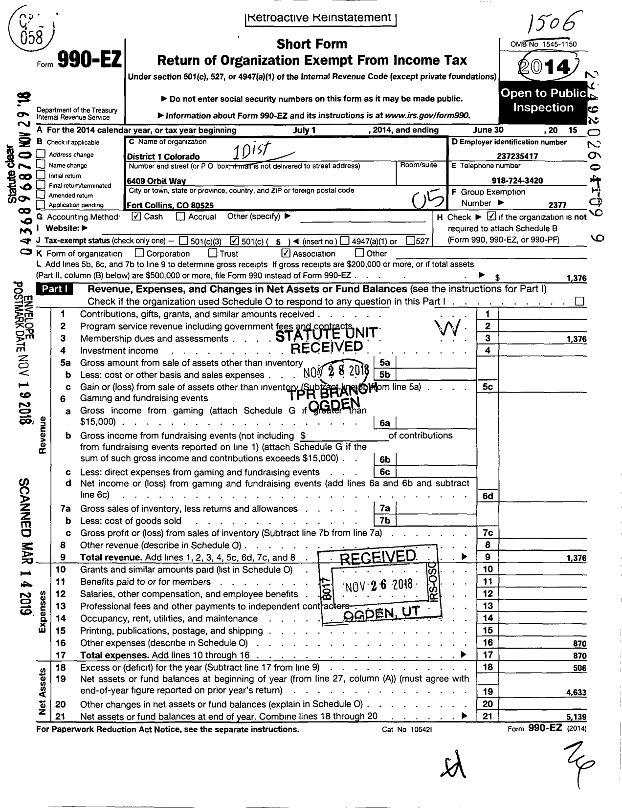 Image of first page of 2014 Form 990EO for National Rural Letter Carriers Association Colorado District 1