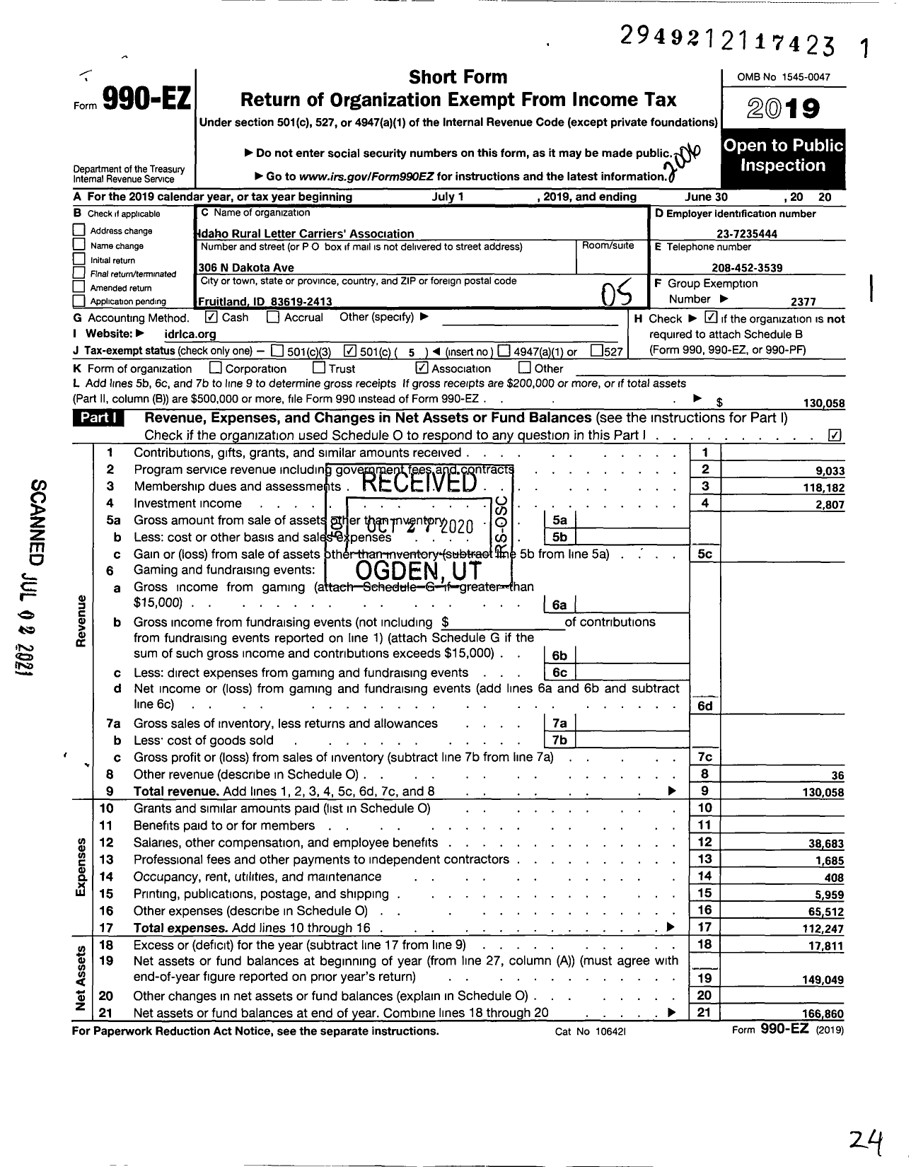 Image of first page of 2019 Form 990EO for National Rural Letter Carriers Association - Idaho Rural Letter Carriers Associa