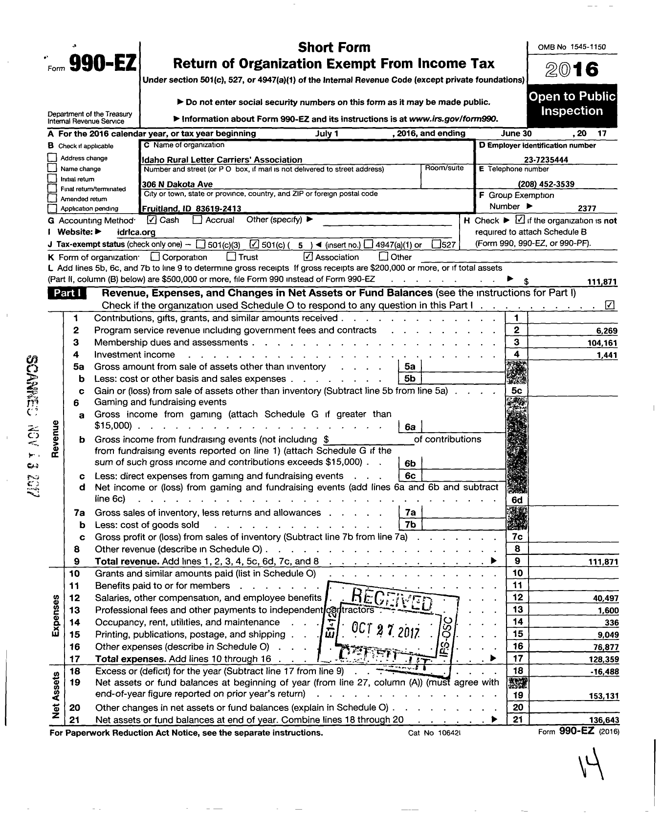 Image of first page of 2016 Form 990EO for National Rural Letter Carriers Association - Idaho Rural Letter Carriers Associa