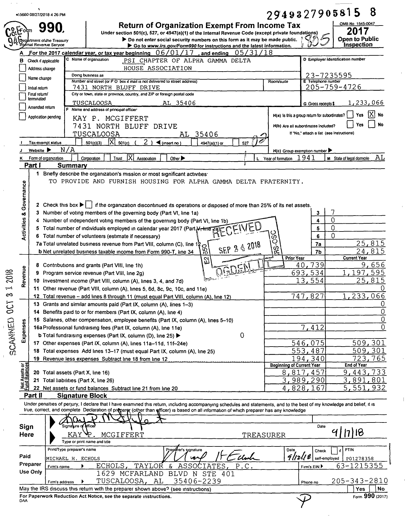 Image of first page of 2017 Form 990O for Alpha Gamma Delta Fraternity - Psi House Association