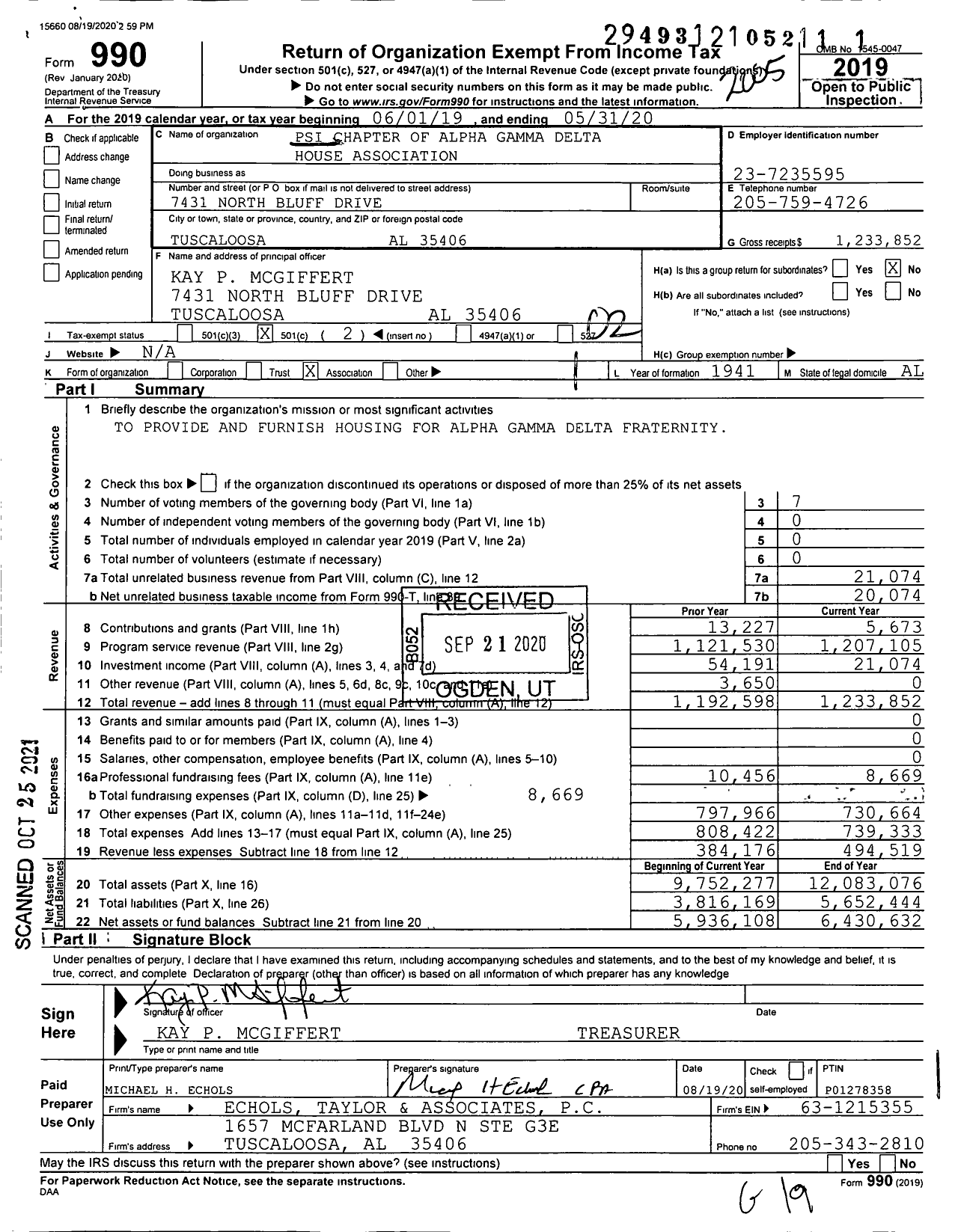 Image of first page of 2019 Form 990O for Alpha Gamma Delta Fraternity - Psi House Association