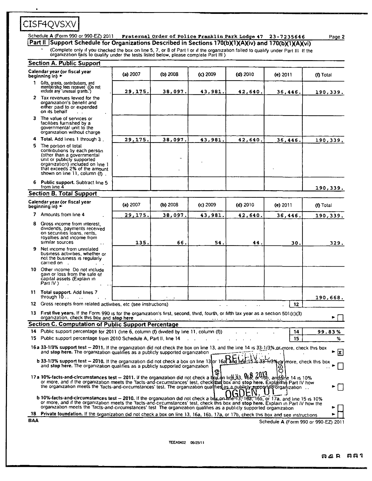 Image of first page of 2011 Form 990EOR for Fraternal Order of Police - 47 Franklin Park Lodge