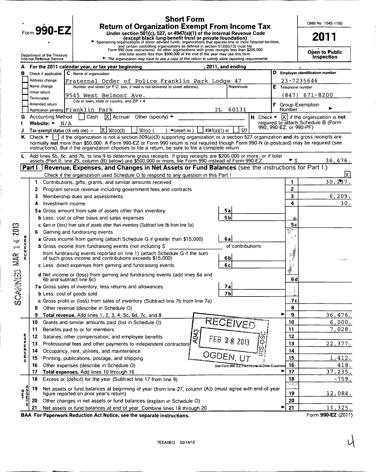 Image of first page of 2011 Form 990EZ for Fraternal Order of Police - 47 Franklin Park Lodge