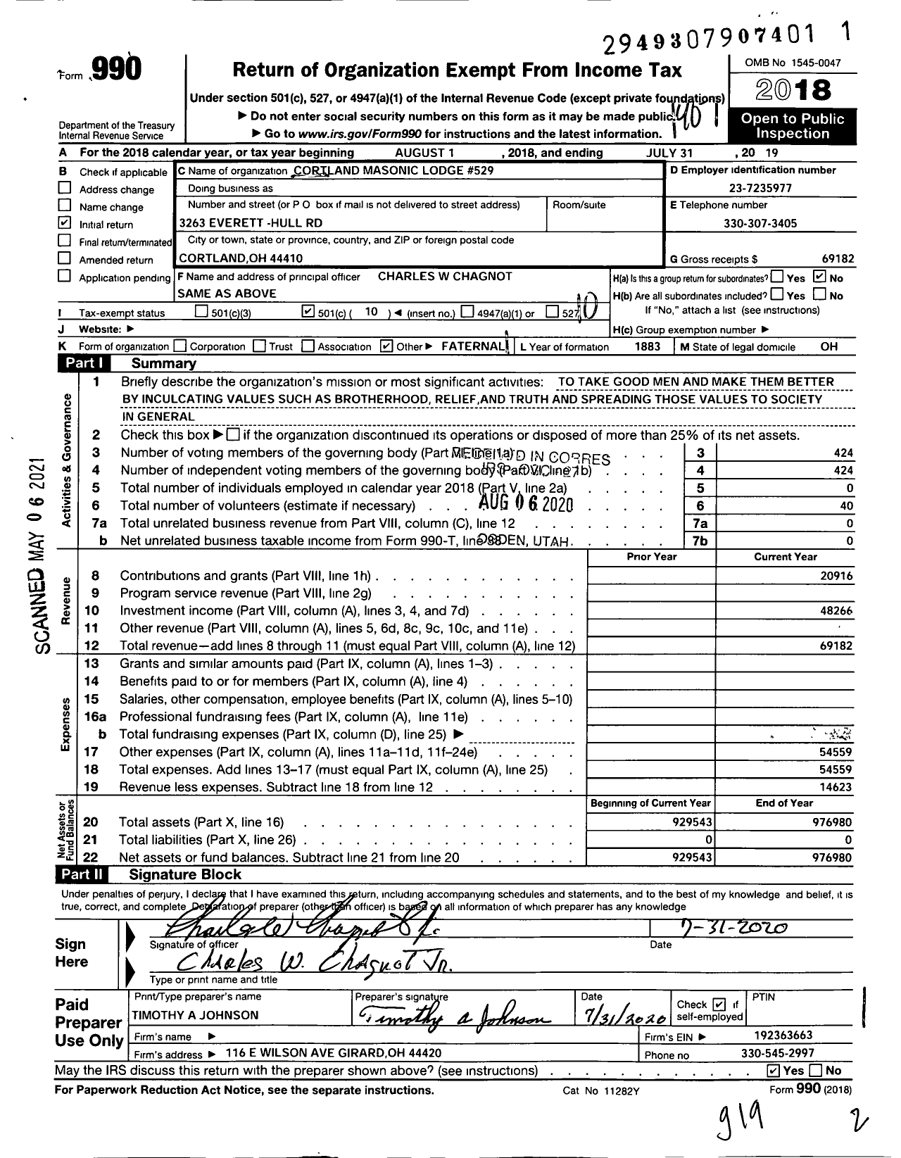 Image of first page of 2018 Form 990O for Free & Accepted Masons of Ohio - Cortland Masonic Lodge #529