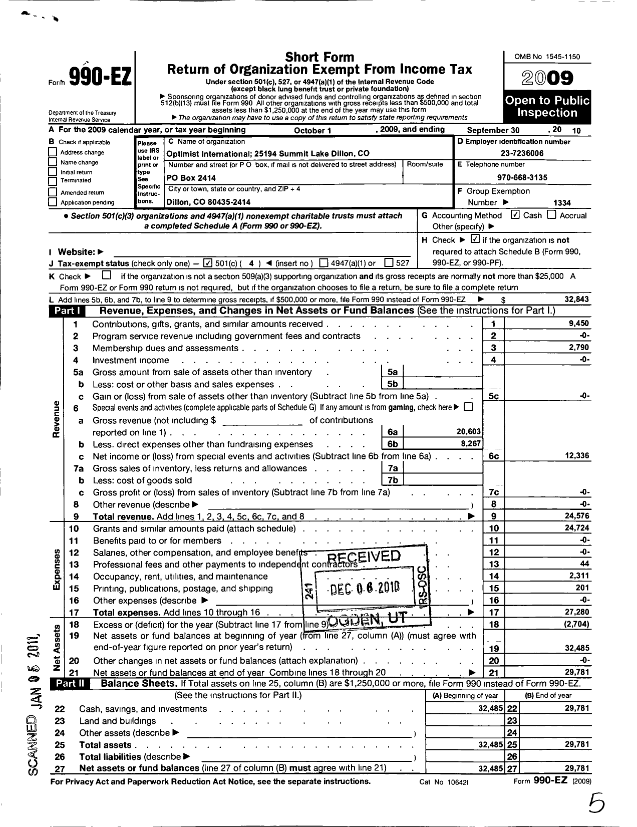 Image of first page of 2009 Form 990EO for Optimist International - 25194 Oc of Summit Lake Dillon Co