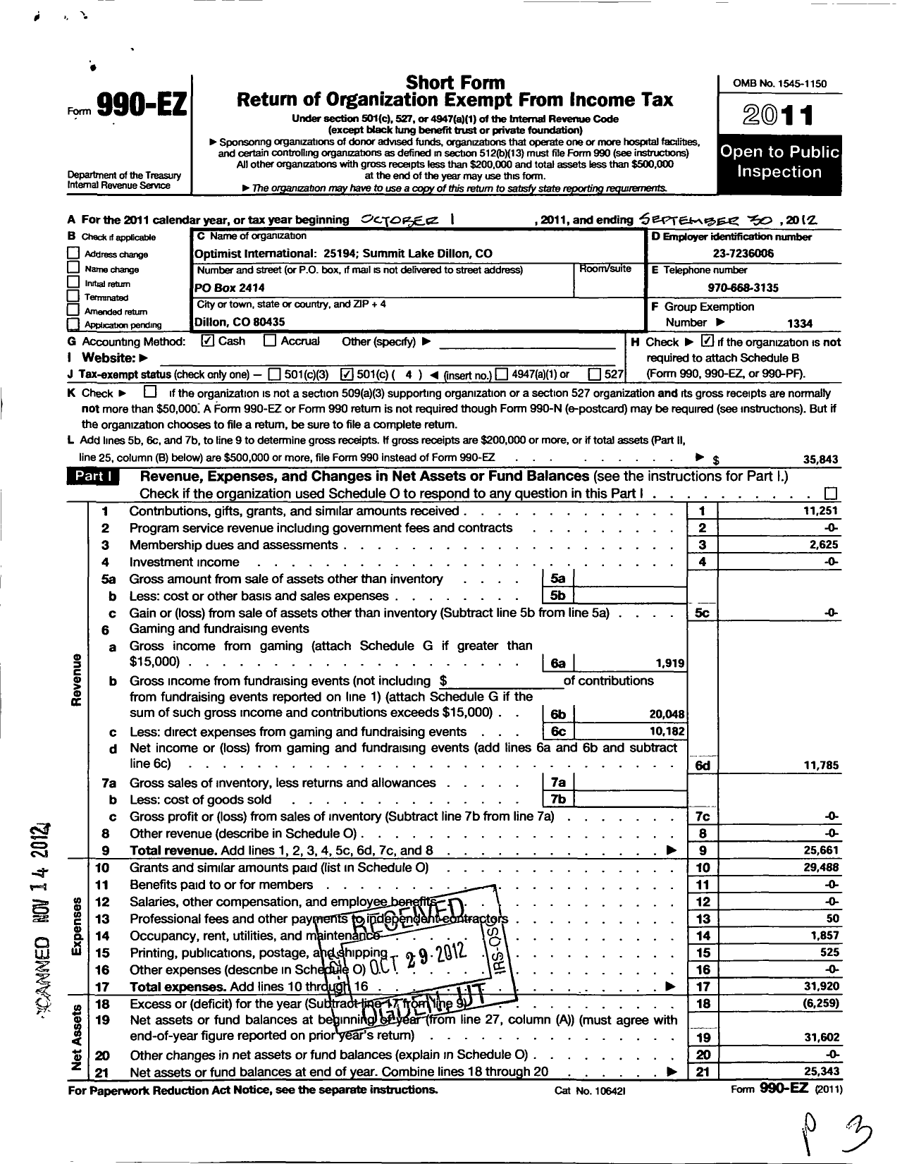 Image of first page of 2011 Form 990EO for Optimist International - 25194 Oc of Summit Lake Dillon Co