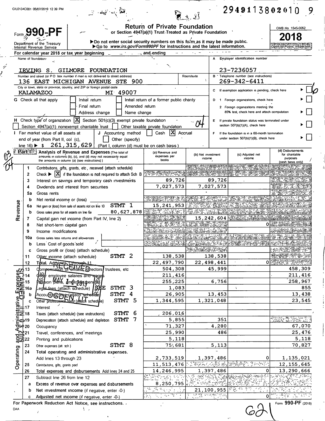 Image of first page of 2018 Form 990PF for Irving S Gilmore Foundation