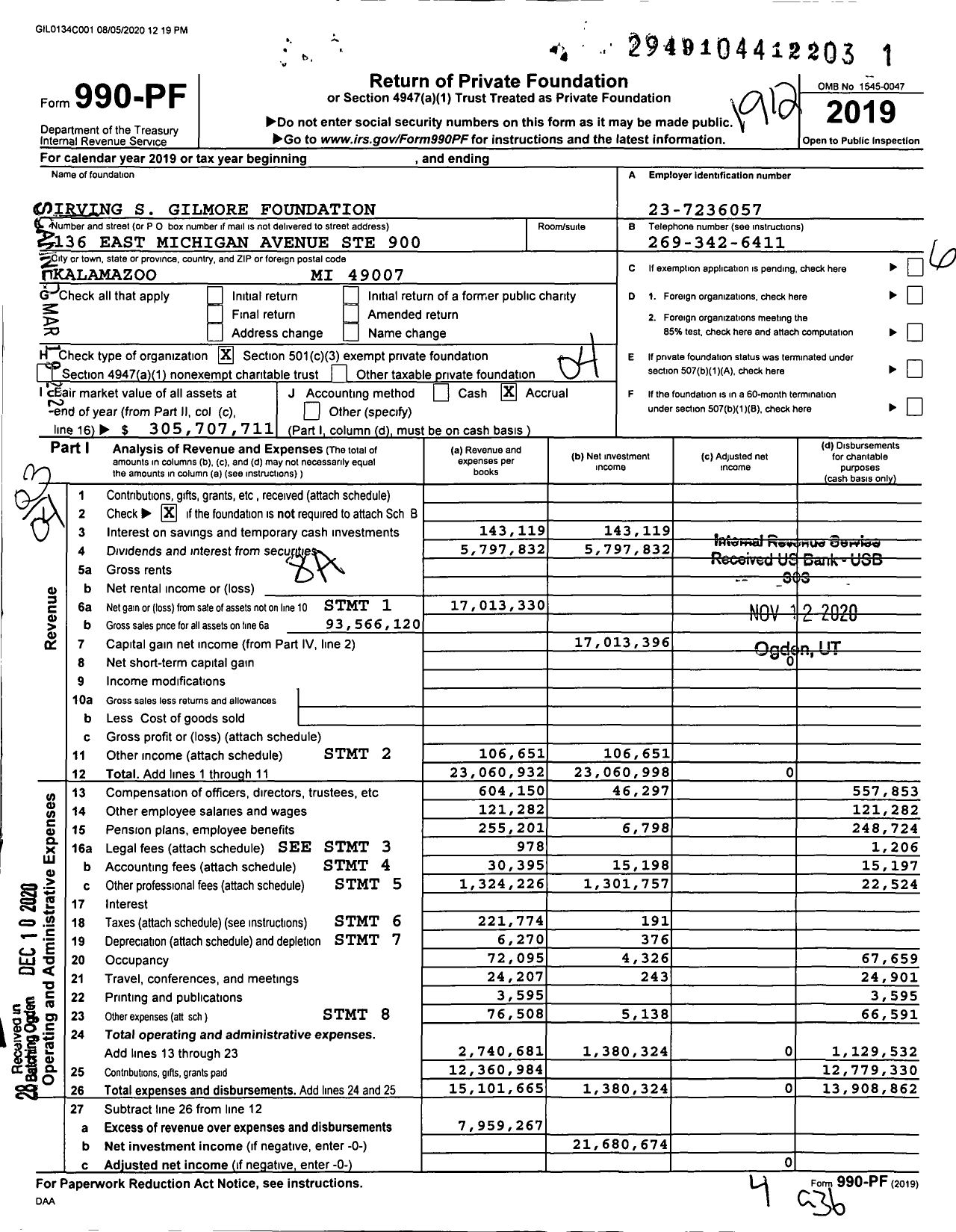 Image of first page of 2019 Form 990PF for Irving S Gilmore Foundation
