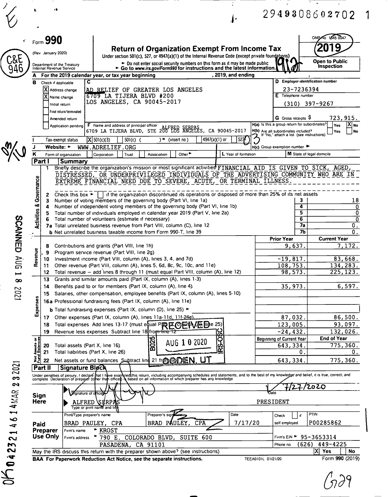 Image of first page of 2019 Form 990 for Ad Relief of Greater Los Angeles