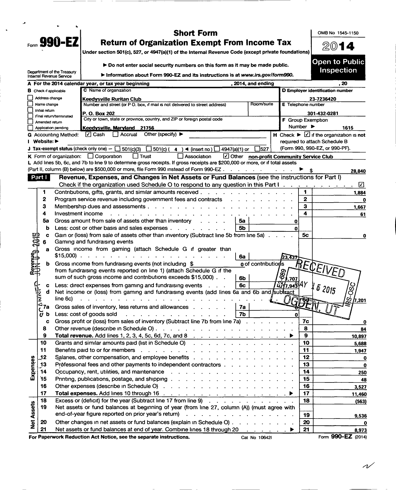 Image of first page of 2014 Form 990EO for Ruritan - Keedysville