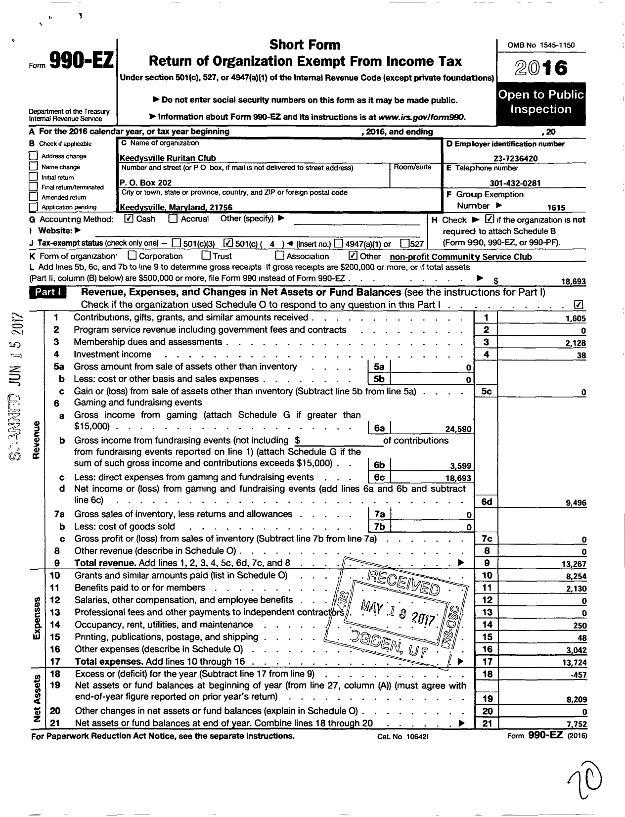 Image of first page of 2016 Form 990EO for Ruritan - Keedysville