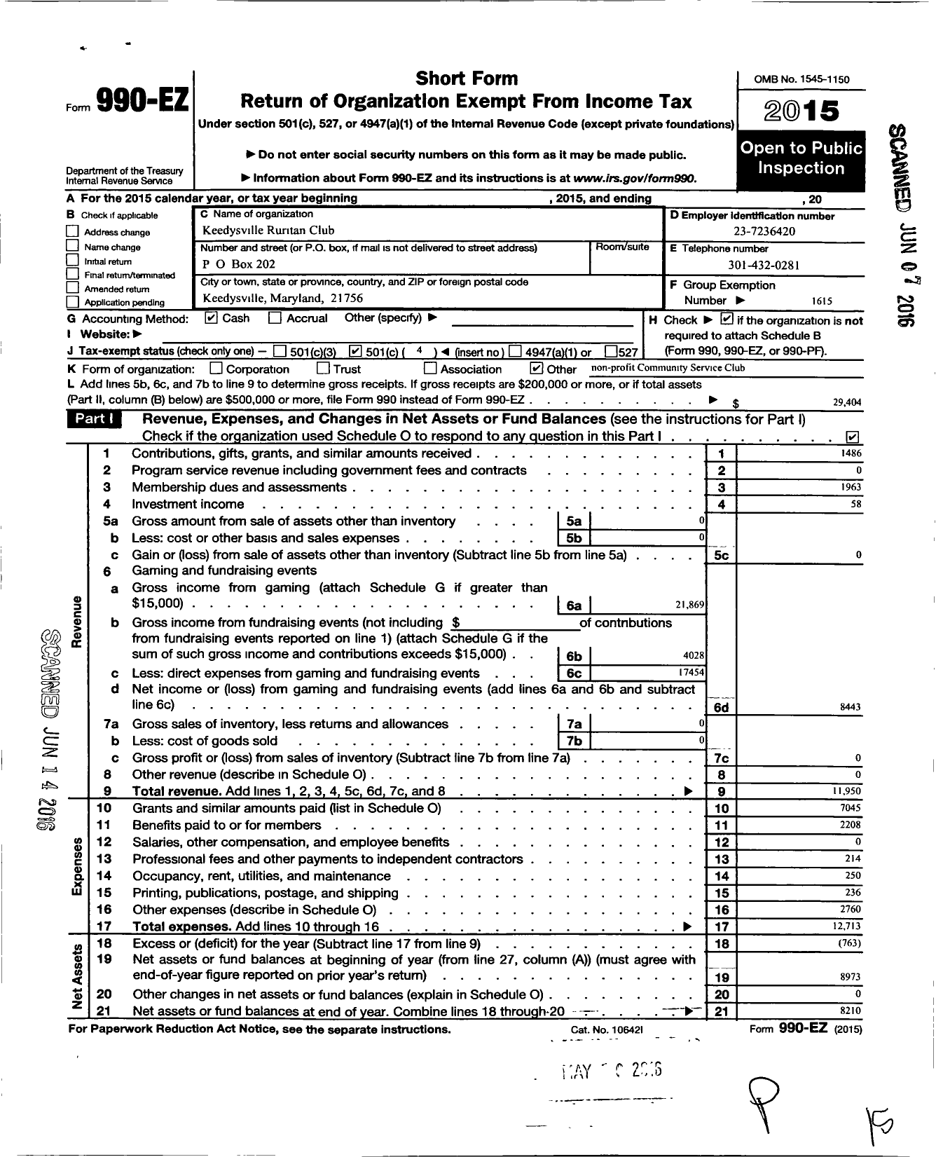 Image of first page of 2015 Form 990EO for Ruritan - Keedysville