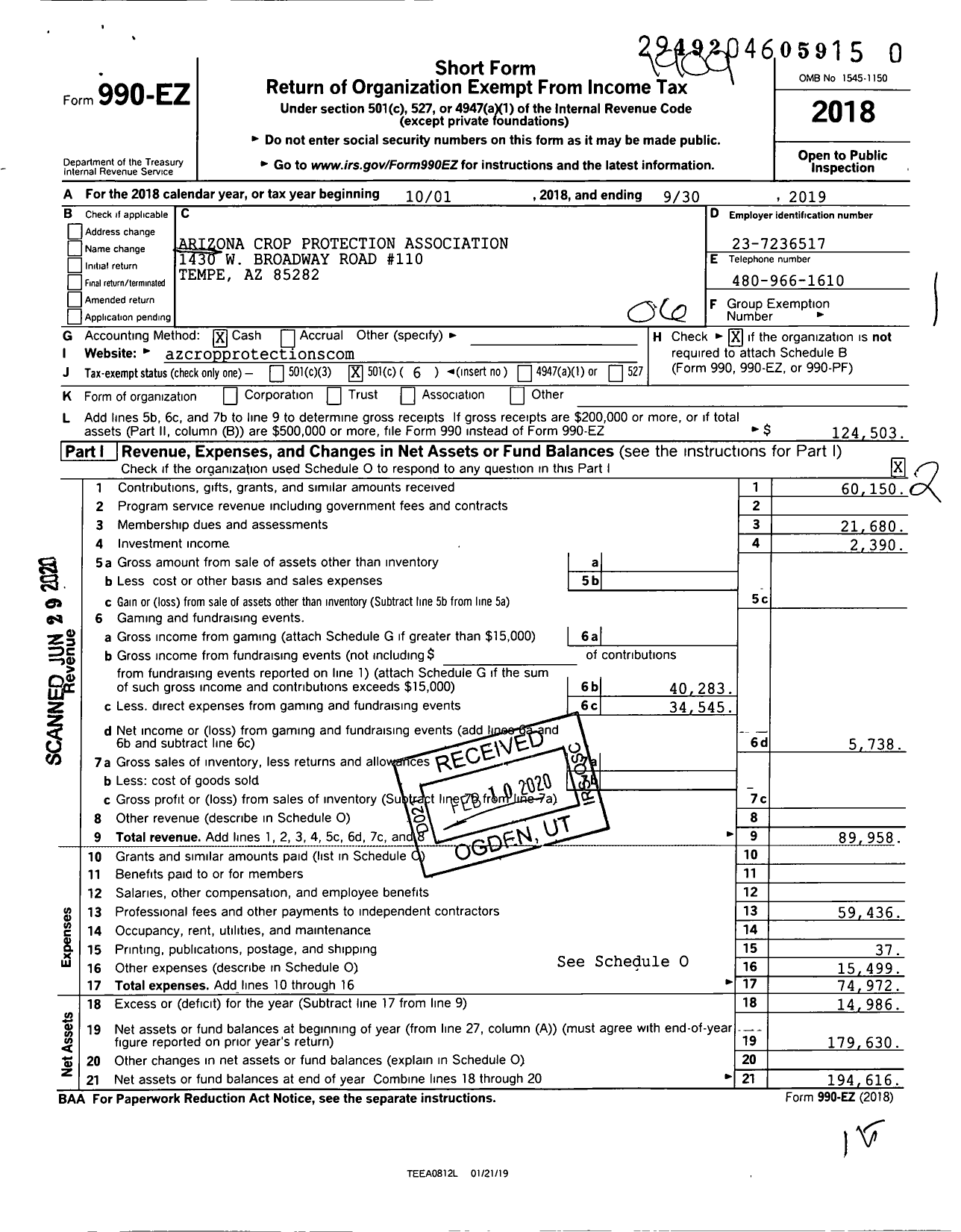 Image of first page of 2018 Form 990EO for Arizona Crop Protection Association