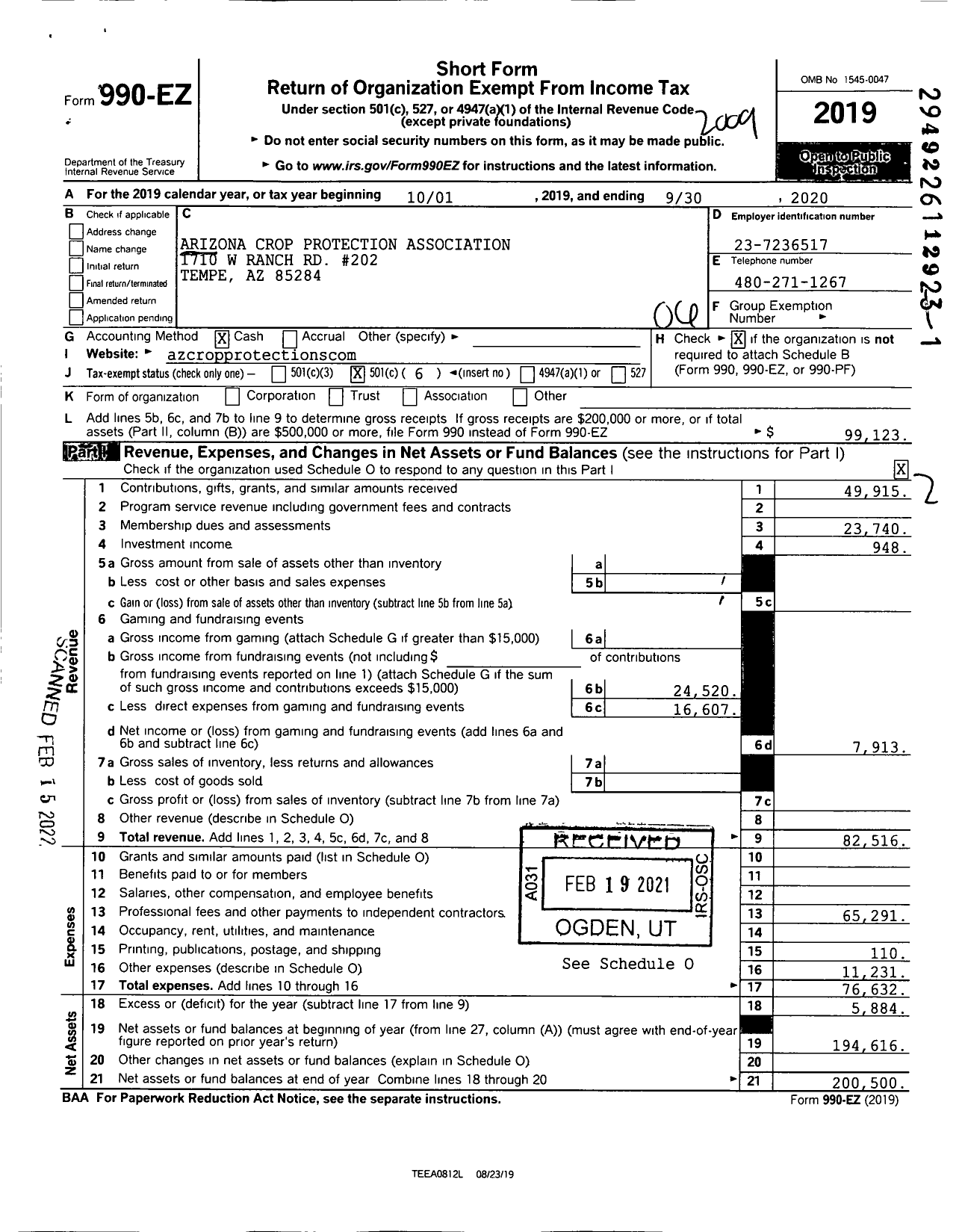 Image of first page of 2019 Form 990EO for Arizona Crop Protection Association