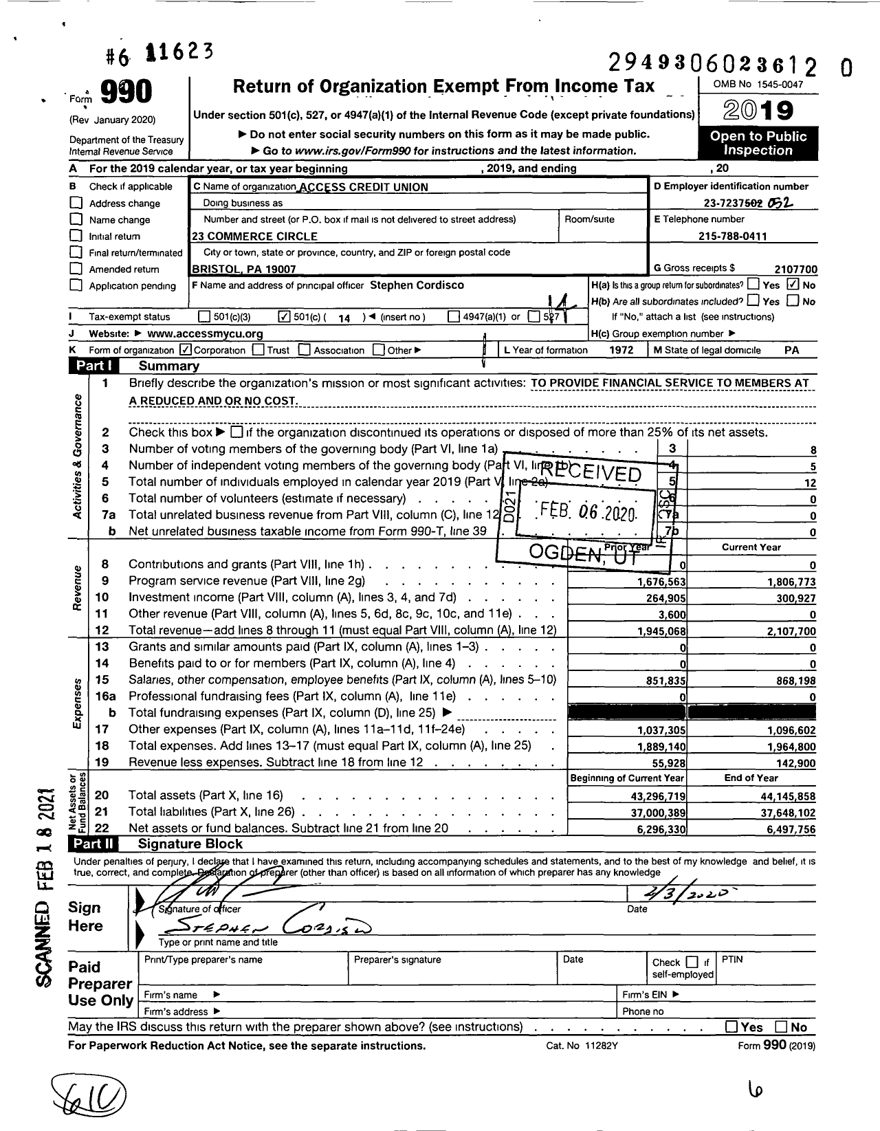 Image of first page of 2019 Form 990O for Access Credit Union