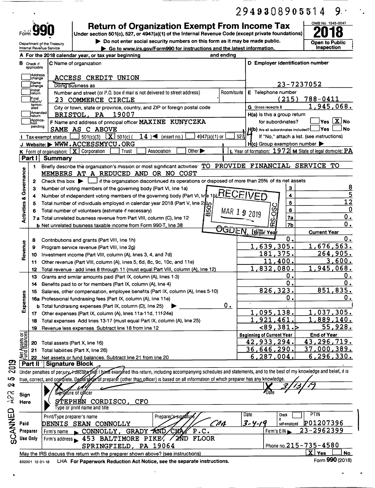 Image of first page of 2018 Form 990O for Access Credit Union