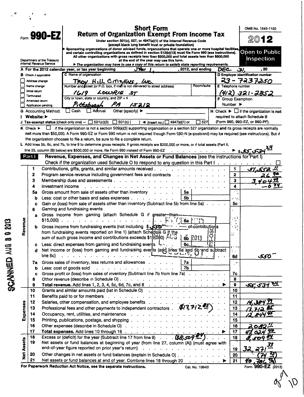 Image of first page of 2012 Form 990EO for Troy Hill Citizens