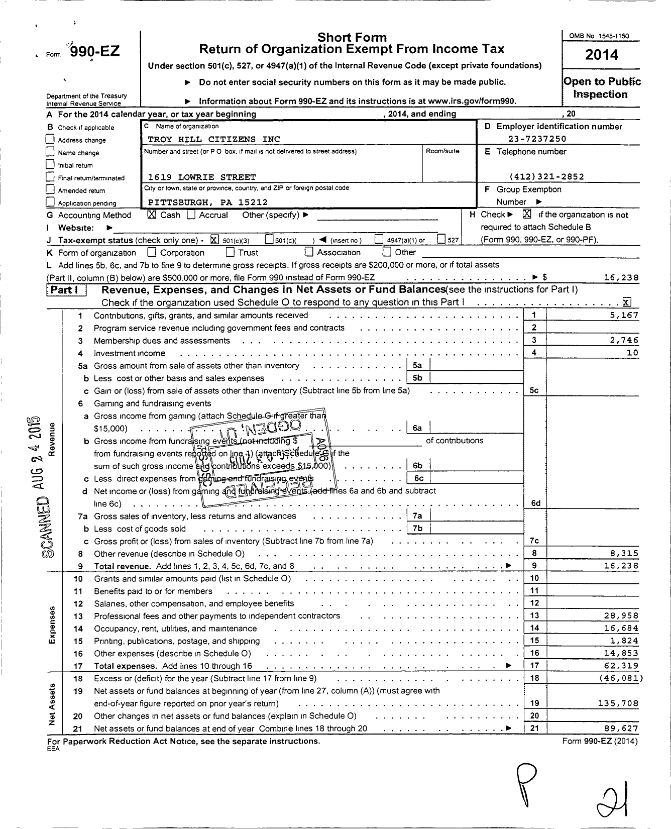 Image of first page of 2014 Form 990EZ for Troy Hill Citizens