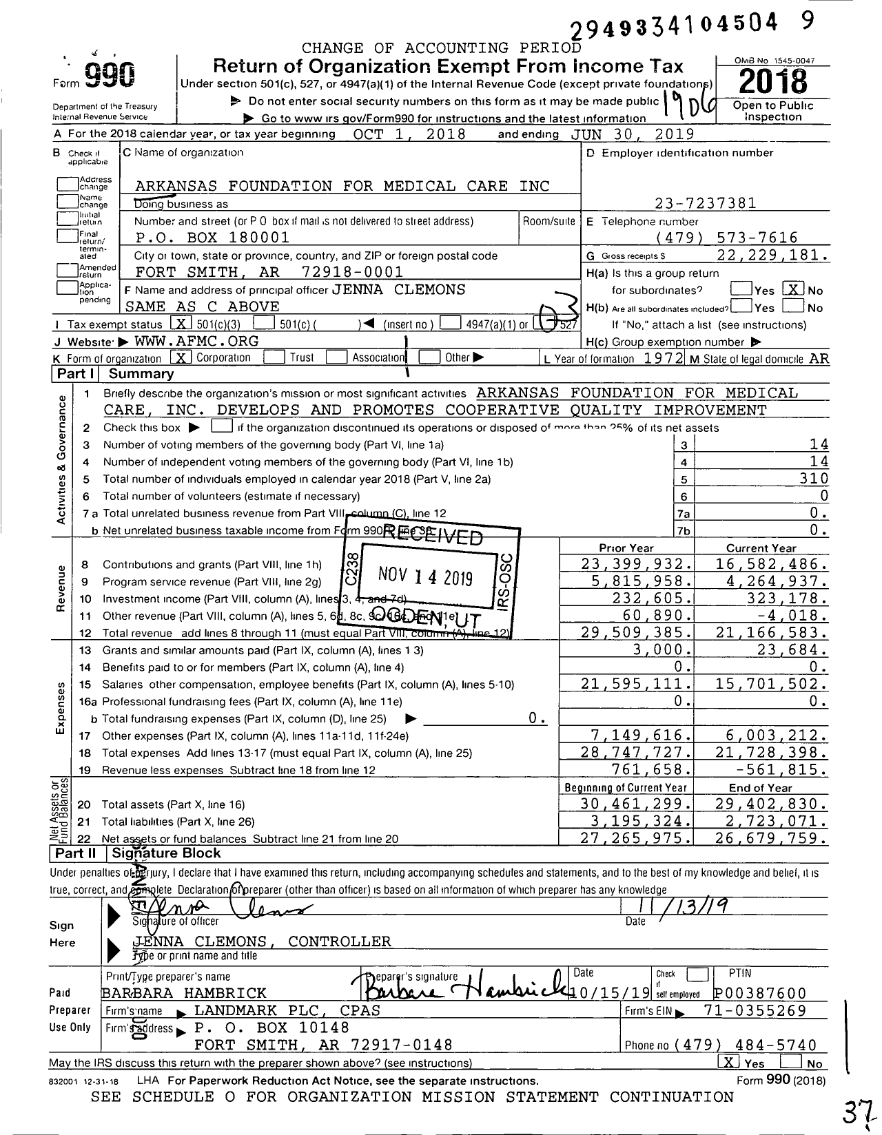 Image of first page of 2018 Form 990 for Arkansas Foundation for Medical Care (AFMC)
