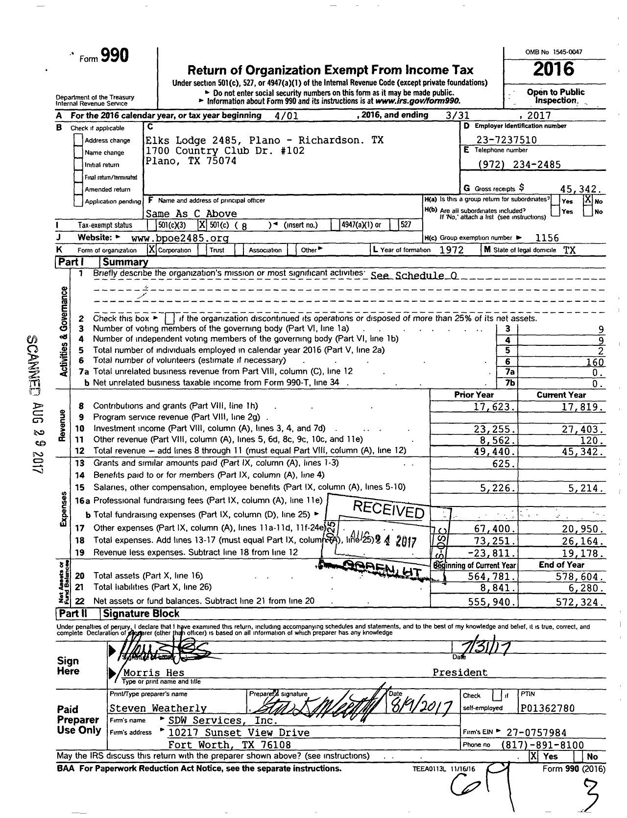 Image of first page of 2016 Form 990O for Benevolent and Protective Order of Elks - Elks Lodge 2485 Plano Richardson TX