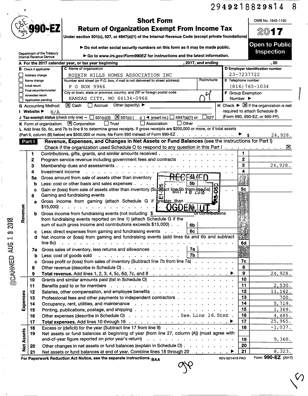 Image of first page of 2017 Form 990EO for Ruskin Hills Homes Association