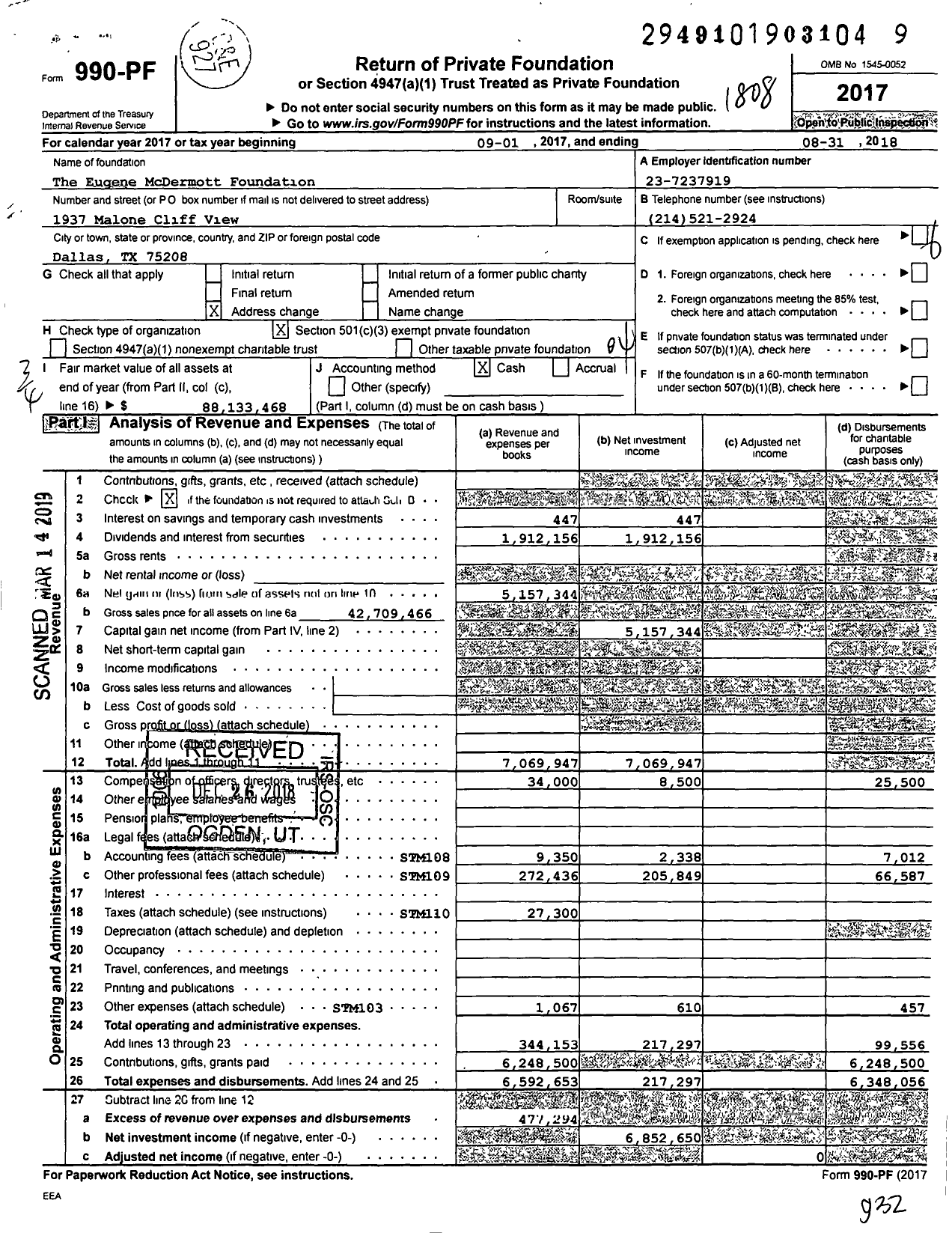 Image of first page of 2017 Form 990PF for Eugene McDermott Foundation
