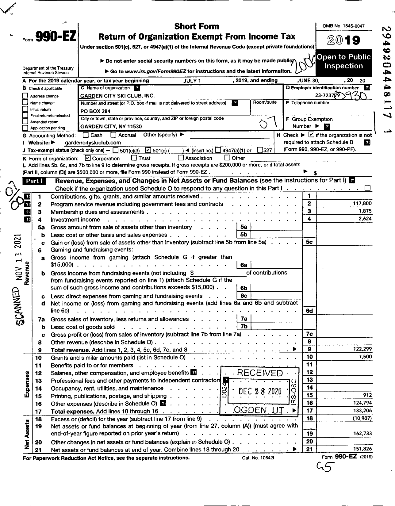 Image of first page of 2019 Form 990EO for Garden City Ski Club