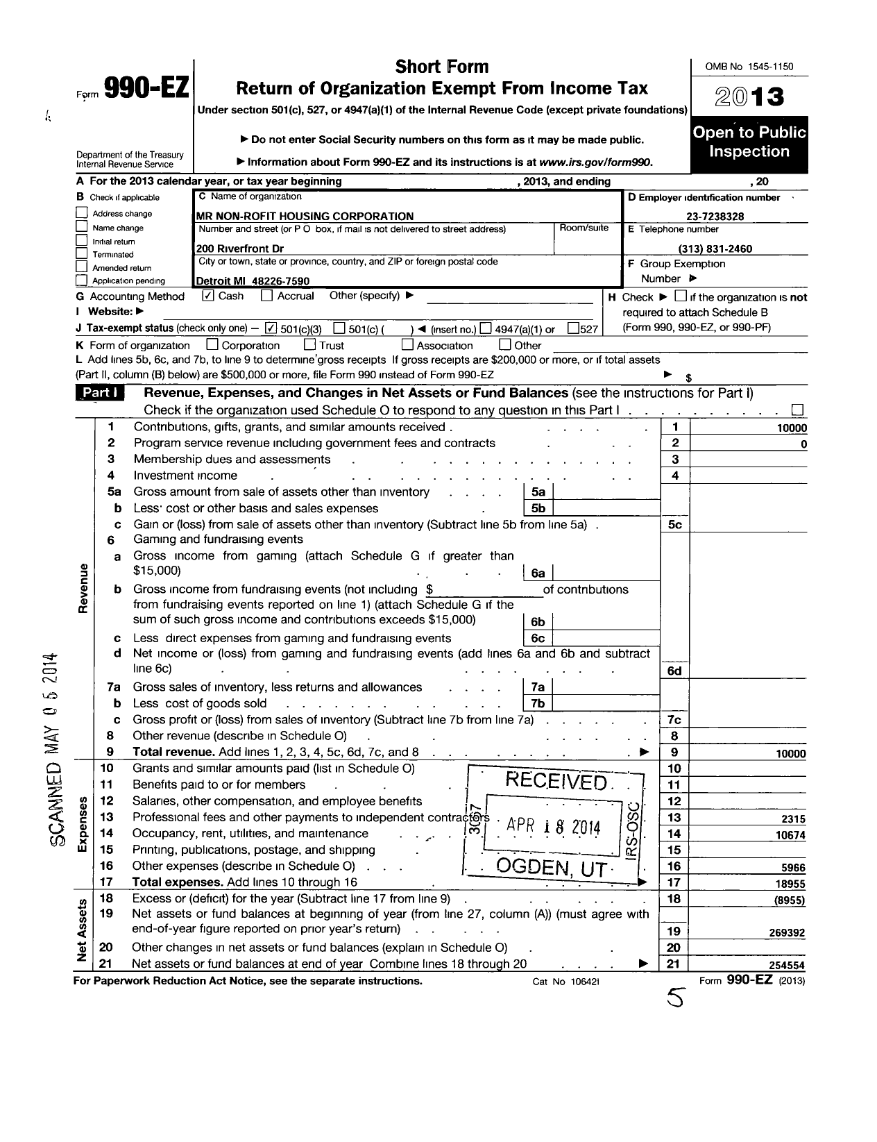 Image of first page of 2013 Form 990EZ for M-R Non Profit Housing Corporation