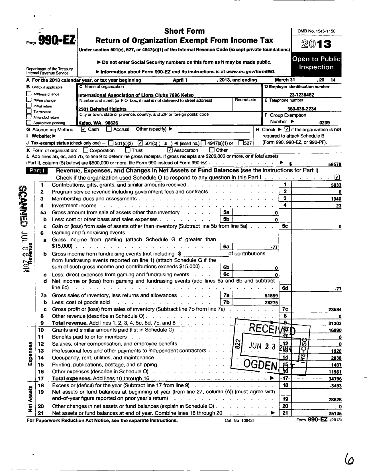 Image of first page of 2013 Form 990EO for International Associaton of Lions Clubs