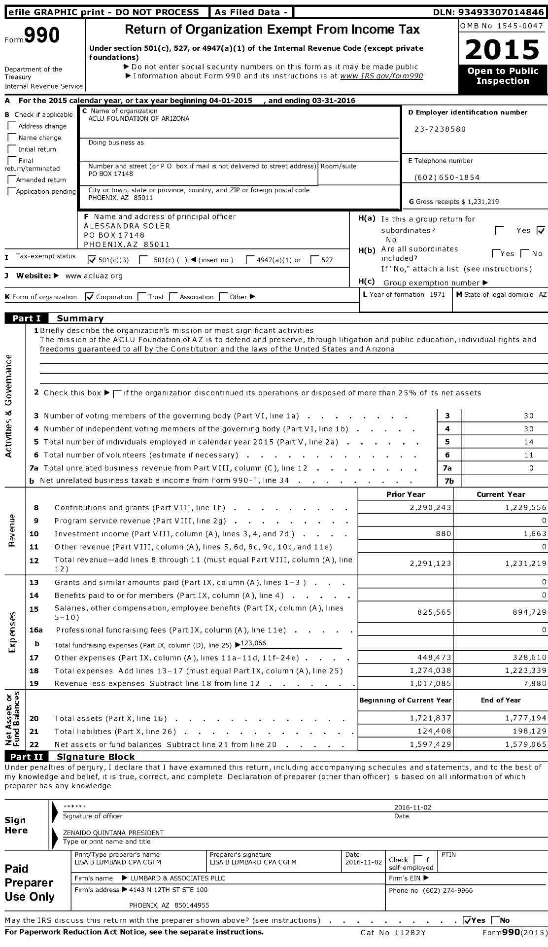 Image of first page of 2015 Form 990 for Aclu Foundation of Arizona