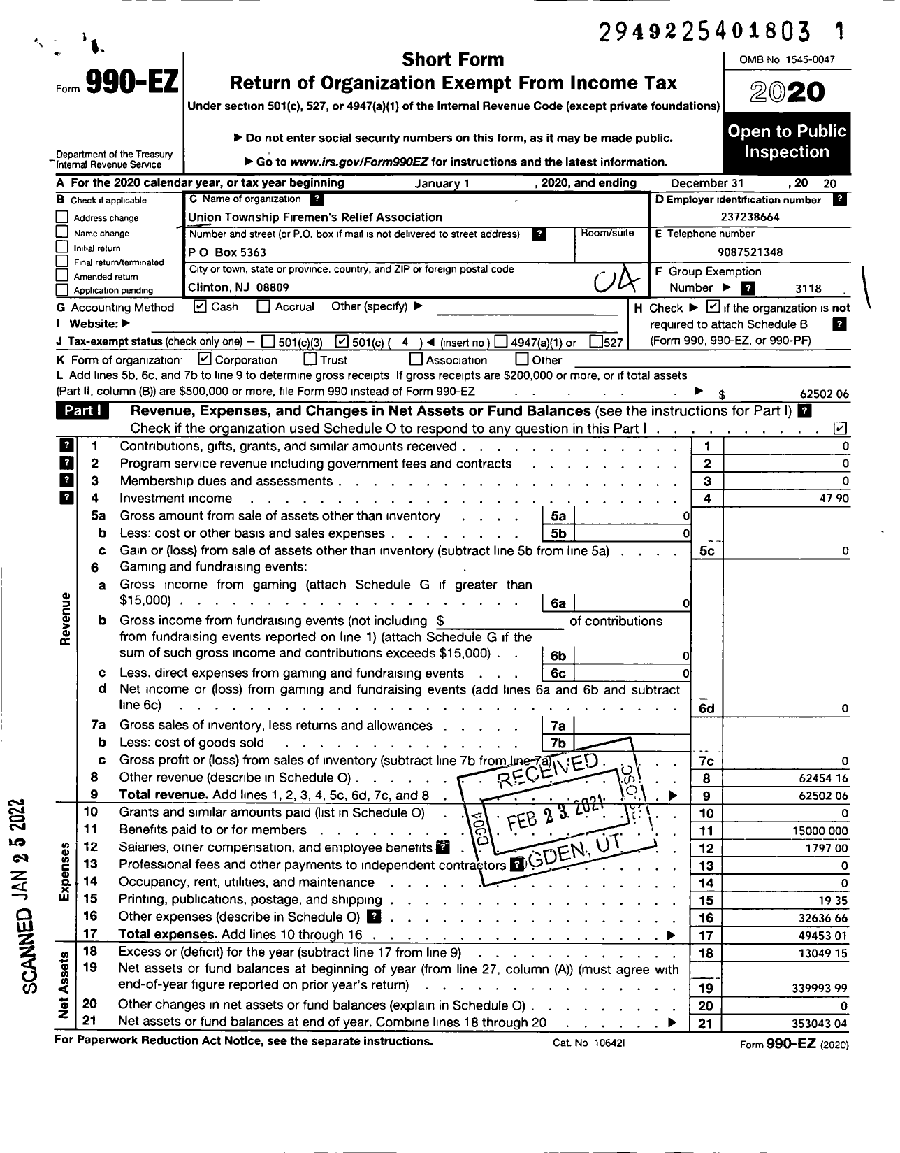 Image of first page of 2020 Form 990EO for New Jersey State Firemen's Association - Union TWSP