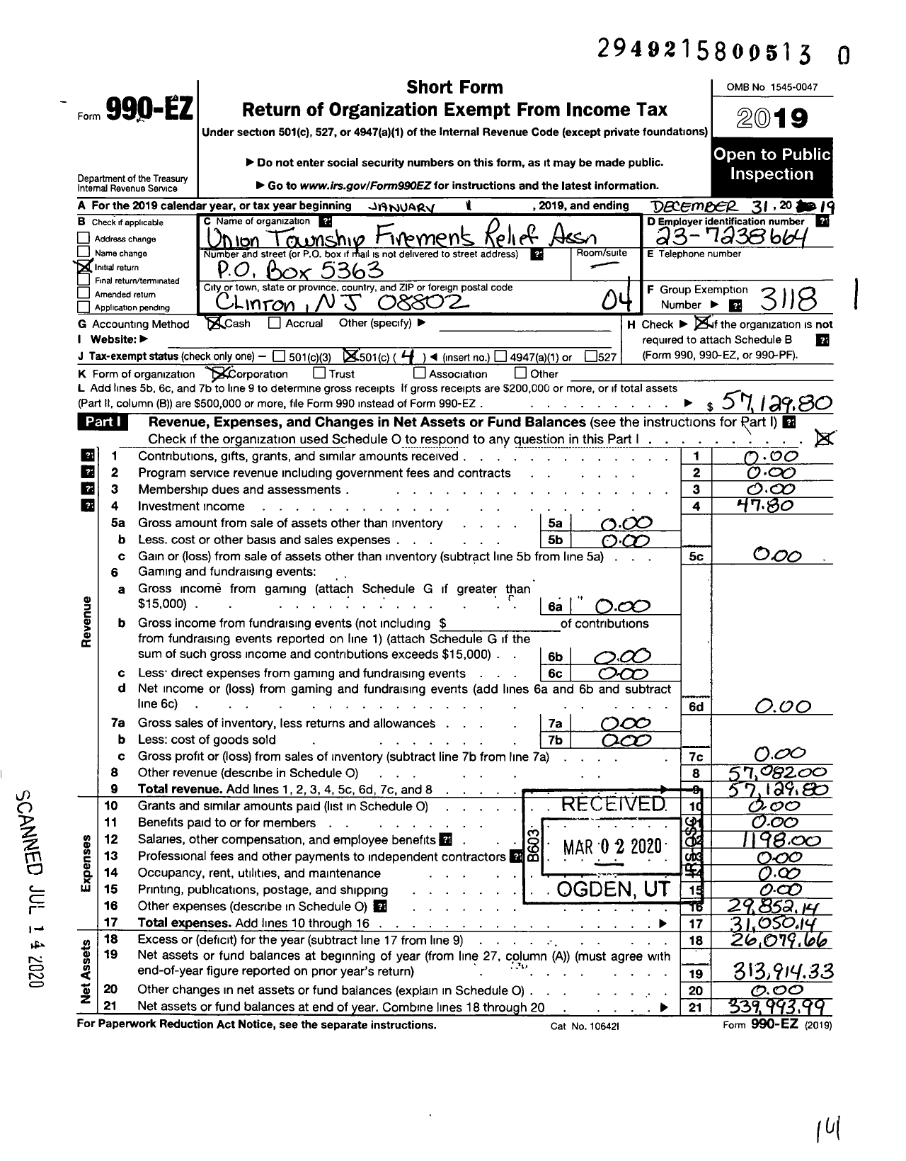 Image of first page of 2019 Form 990EO for New Jersey State Firemen's Association - Union TWSP