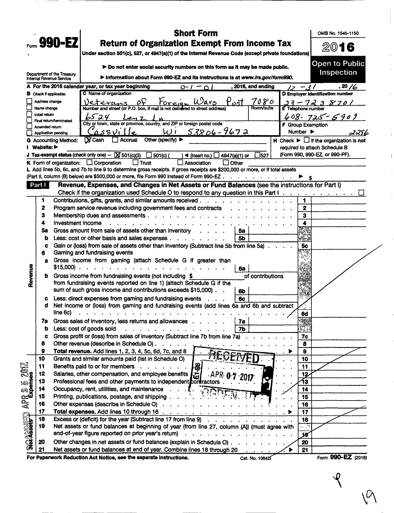 Image of first page of 2016 Form 990EZ for VFW Wi - 7080 Donaldson-Kelly-Kirschbaum Pos