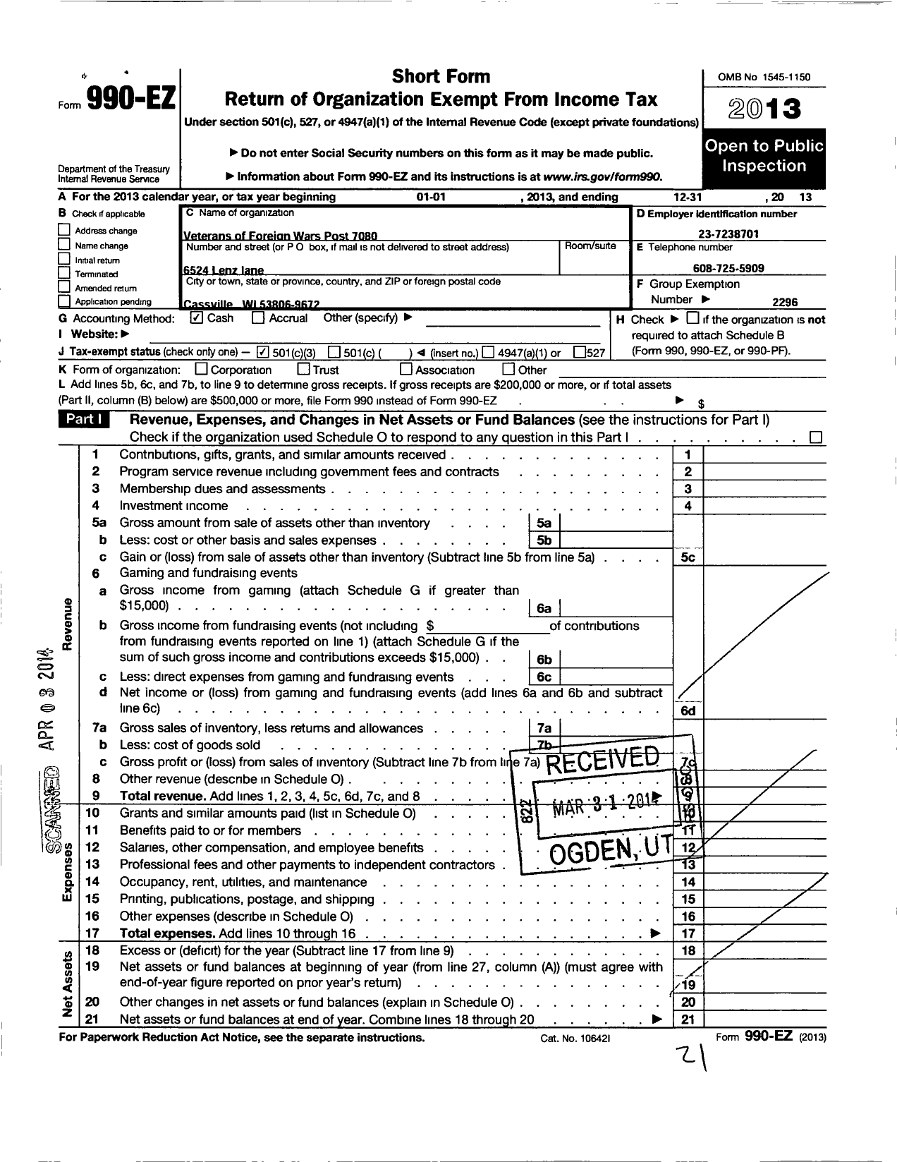 Image of first page of 2013 Form 990EZ for VFW Wi - 7080 Donaldson-Kelly-Kirschbaum Pos